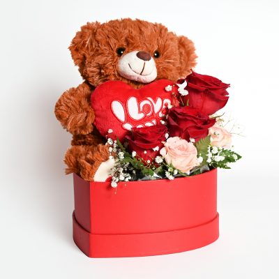 Confezione cuore con rose e orsacchiotto - Piantala consegna a domicilio con Cosaporto