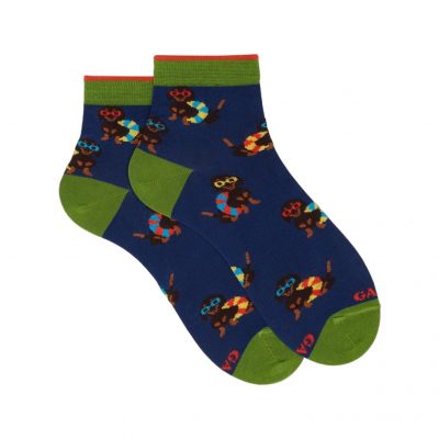 Calze cortissime donna cotone leggero blu royal fantasia cani - Gallo 1927