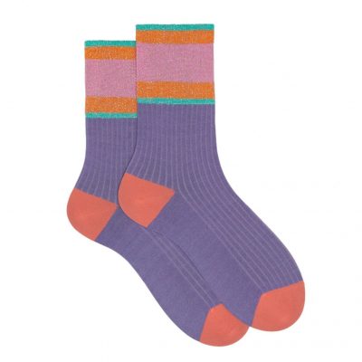 Calze corte donna cotone viola tinta unita a coste polso righe lurex - Gallo 1927